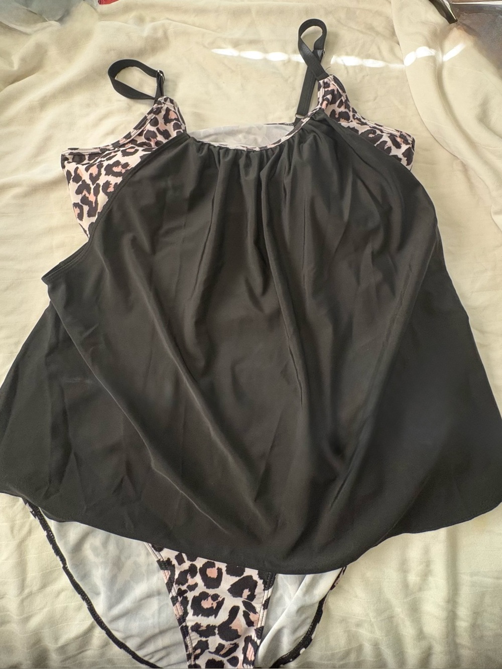Black Leopard-Accent Camisole Swim Top